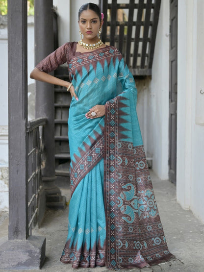 Rajwada Aqua Blue Silk Blend Printed Saree For Women
