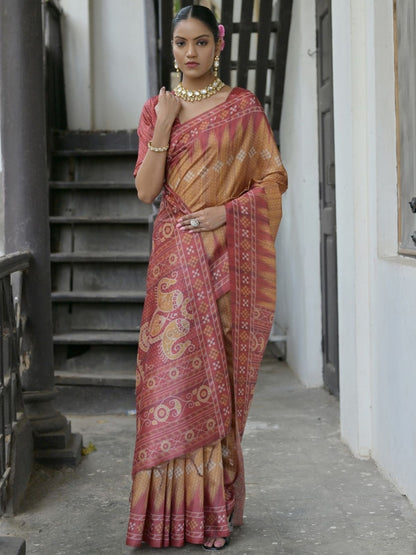 Rajwada Rust Silk Blend Printed Saree For Women