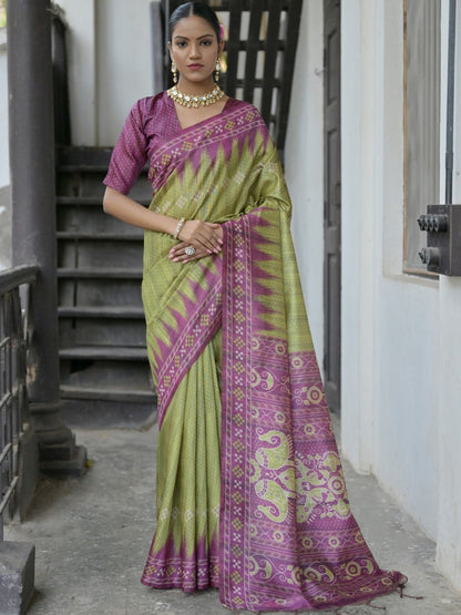 Rajwada Olive Green Silk Blend Printed Saree For Women