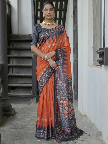 Rajwada Orange Silk Blend Printed Saree For Women