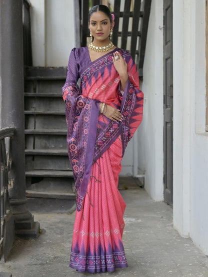 Rajwada Pink Silk Blend Printed Saree For Women