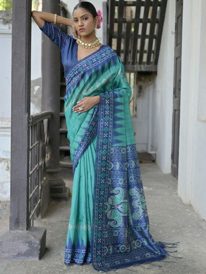 Rajwada Teal Blue Silk Blend Printed Saree For Women