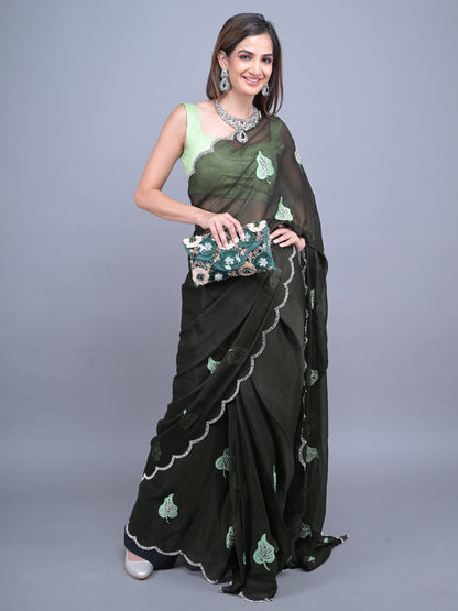 Rajwada Dark Green Embroidered Chiffon Silk Saree with Unstitched Blouse for Women