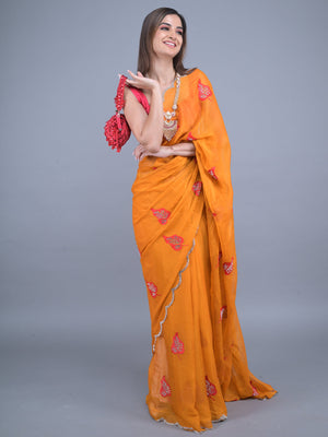 Rajwada Mustard Embroidered Chiffon Silk Saree with Unstitched Blouse for Women