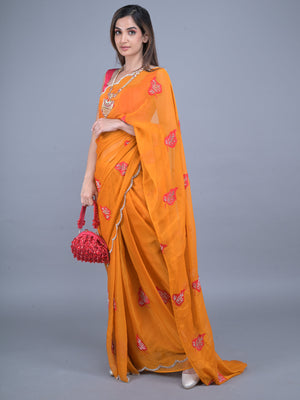 Rajwada Mustard Embroidered Chiffon Silk Saree with Unstitched Blouse for Women