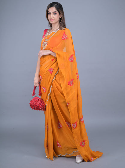 Rajwada Mustard Embroidered Chiffon Silk Saree with Unstitched Blouse for Women