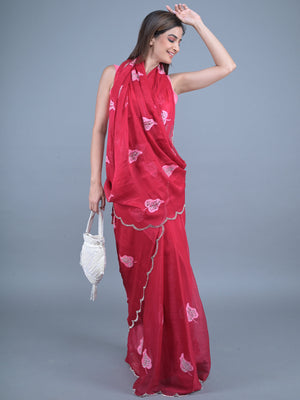 Rajwada Red Embroidered Chiffon Silk Saree with Unstitched Blouse for Women