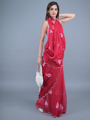Rajwada Red Embroidered Chiffon Silk Saree with Unstitched Blouse for Women