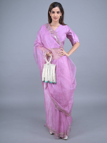 Rajwada Lilac Embroidered Organza Saree with Unstitched Blouse for Women