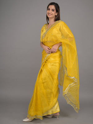 Rajwada Yellow Embroidered Organza Saree with Unstitched Blouse for Women