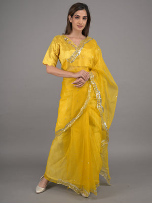 Rajwada Yellow Embroidered Organza Saree with Unstitched Blouse for Women