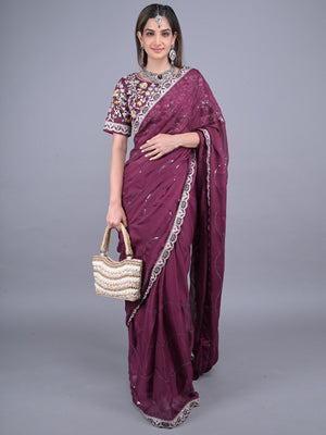 Rajwada Purple Embroidered Satin Rangoli Saree with Unstitched Blouse for Women