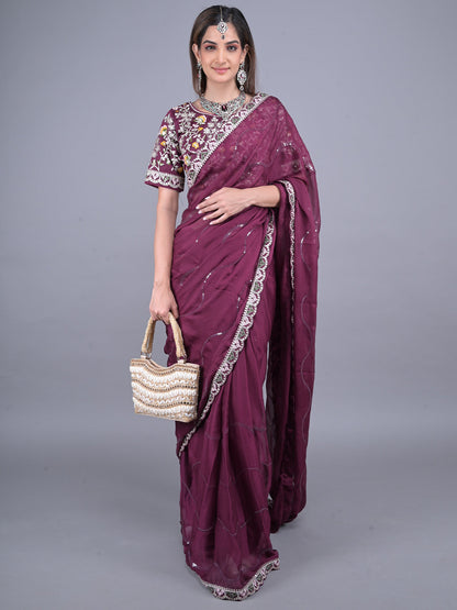 Rajwada Purple Embroidered Satin Rangoli Saree with Unstitched Blouse for Women