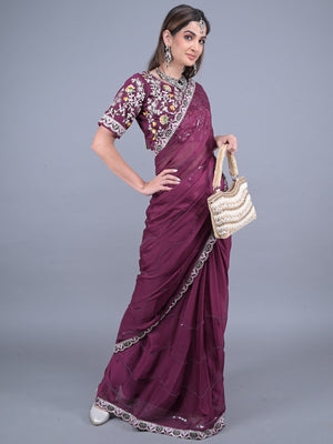 Rajwada Purple Embroidered Satin Rangoli Saree with Unstitched Blouse for Women