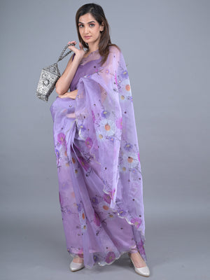 Rajwada Lavender Floral Printed Embroidered Organza Saree with Unstitched Blouse for Women