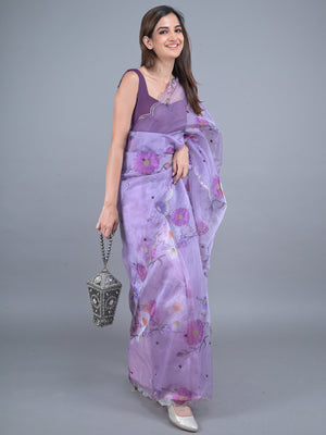 Rajwada Lavender Floral Printed Embroidered Organza Saree with Unstitched Blouse for Women