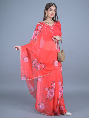 Rajwada Red Floral Printed Embroidered Soft Organza Saree with Unstitched Blouse for Women