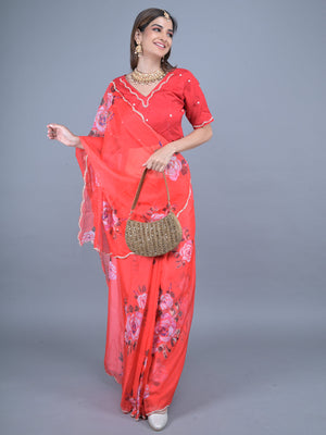 Rajwada Red Floral Printed Embroidered Soft Organza Saree with Unstitched Blouse for Women
