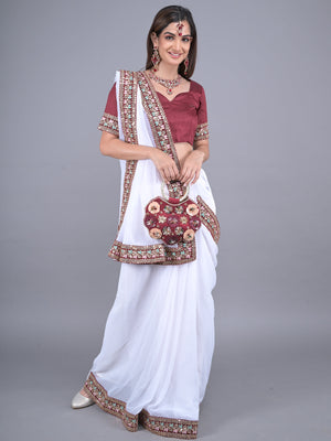 Rajwada White Embroidered Georgette Saree with Unstitched Blouse for Women