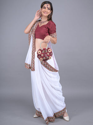 Rajwada White Embroidered Georgette Saree with Unstitched Blouse for Women