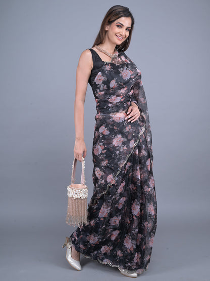 Rajwada Black Floral Printed Embroidered Organza Saree with Unstitched Blouse for Women