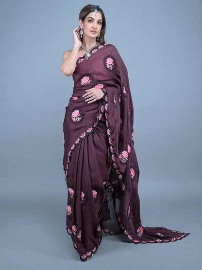 Rajwada Brown Floral Embroidered Georgette Saree with Unstitched Blouse for Women