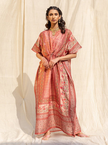 Rajwada Peach Silk Printed Stitched Indo Western Kaftan For Women