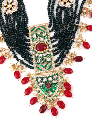 Rajwada Women Emerald Green With Ruby Beads Kundan Necklace