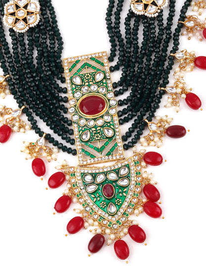 Rajwada Women Emerald Green With Ruby Beads Kundan Necklace