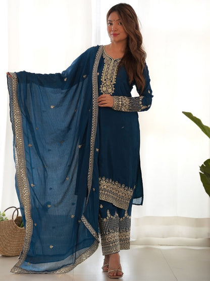 Rajwada Blue Silk Embroidered Kurta Set For Women