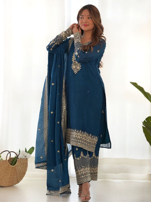 Rajwada Blue Silk Embroidered Kurta Set For Women