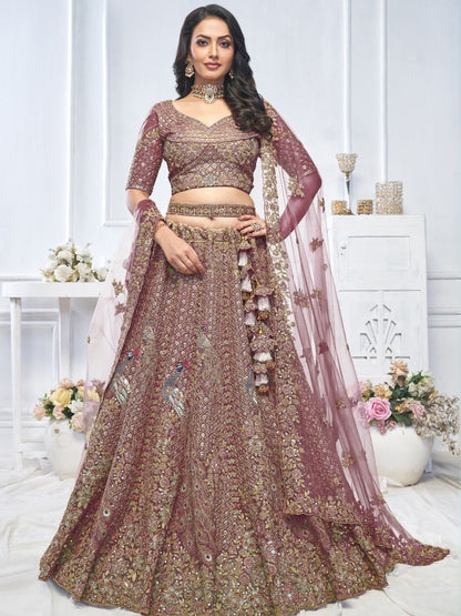 Rajwada Dark Purple Soft Net Embroidered Semi-Stitched Lehenga With Unstitched Blouse For Women