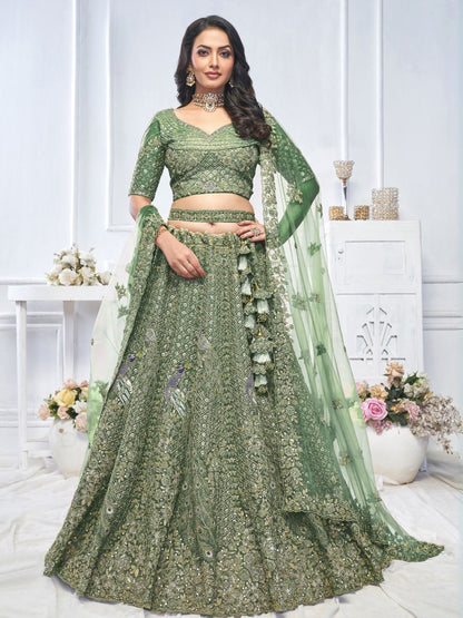 Rajwada Green Soft Net Embroidered Semi-Stitched Lehenga With Unstitched Blouse For Women