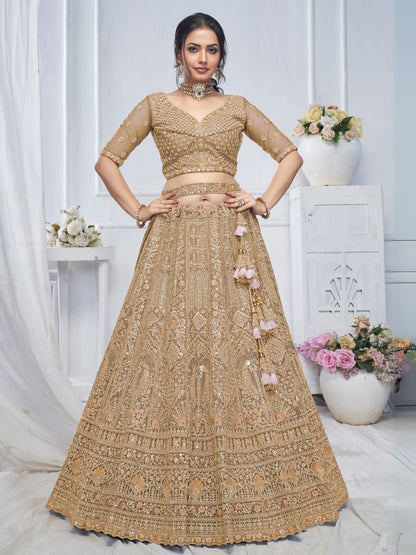 Rajwada Mustard Soft Net Embroidered Semi-Stitched Lehenga With Unstitched Blouse For Women