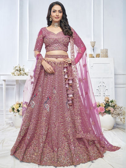 Rajwada Pink Soft Net Embroidered Semi-Stitched Lehenga With Unstitched Blouse For Women
