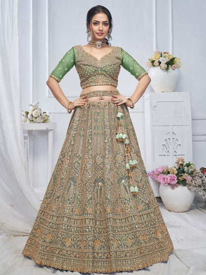 Rajwada Green And Gold Soft Net Embroidered Semi-Stitched Lehenga With Unstitched Blouse For Women