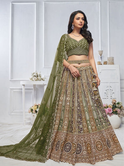 Rajwada Green Soft Net Embroidered Semi-Stitched Lehenga With Unstitched Blouse For Women