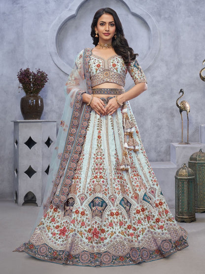 Rajwada Light Blue Organza  Embroidered Semi-Stitched Lehenga With Unstitched Blouse For Women