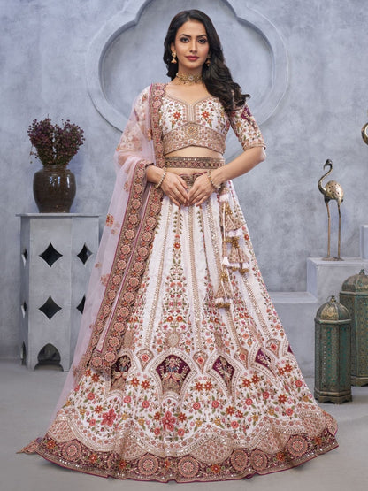 Rajwada White Organza  Embroidered Semi-Stitched Lehenga With Unstitched Blouse For Women