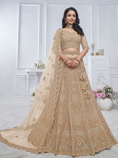 Rajwada Gold Soft Net Embroidered Semi-Stitched Lehenga With Unstitched Blouse For Women