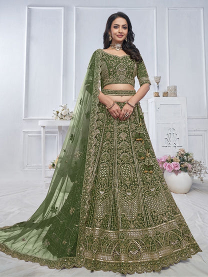 Rajwada Green Soft Net Embroidered Semi-Stitched Lehenga With Unstitched Blouse For Women