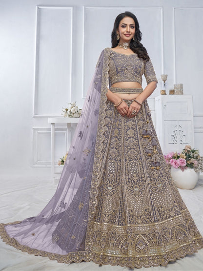 Rajwada Purple  Soft Net Embroidered Semi-Stitched Lehenga With Unstitched Blouse For Women