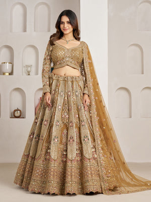 Rajwada Dark Beige Net Embellished Semi Stitched Lehenga For Women