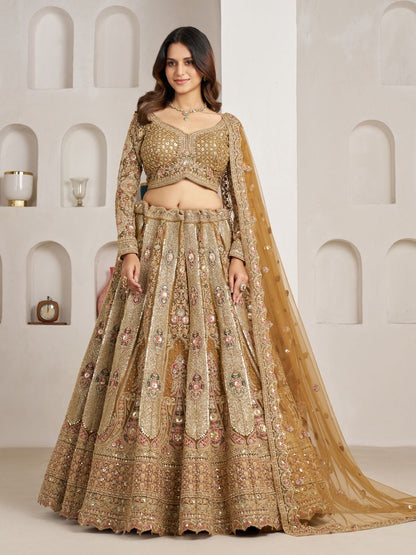 Rajwada Dark Beige Net Embellished Semi Stitched Lehenga For Women