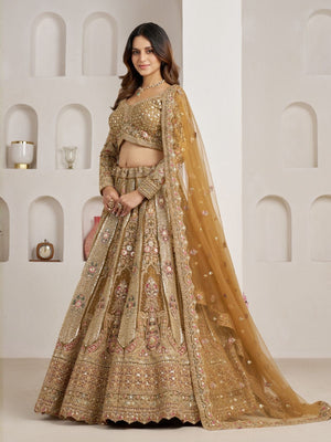 Rajwada Dark Beige Net Embellished Semi Stitched Lehenga For Women