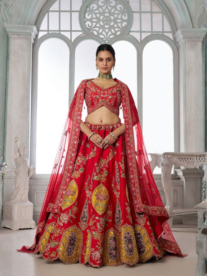 Rajwada Red Silk Blend Embellished Semi Stitched Lehenga For Women