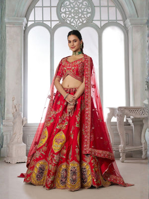 Rajwada Red Silk Blend Embellished Semi Stitched Lehenga For Women