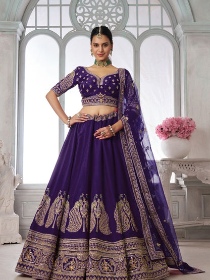Rajwada Royal Purple Silk Blend Embellished Semi Stitched Lehenga For Women