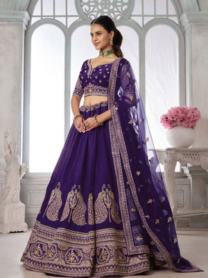 Rajwada Royal Purple Silk Blend Embellished Semi Stitched Lehenga For Women