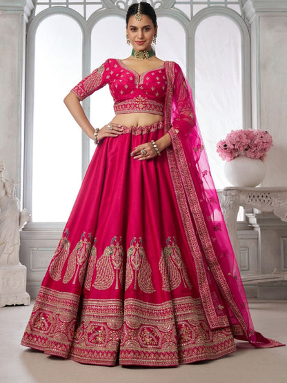Rajwada Dark Pink Silk Blend Embellished Semi Stitched Lehenga For Women
